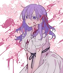 Rule 34 | 1girl, :d, black ribbon, blood, blood on clothes, blood on face, blush, braid, breasts, cherry blossoms, commentary request, crying, crying with eyes open, dress, fate/stay night, fate (series), flower, hair ribbon, highres, korean commentary, long hair, matou sakura, meremero, official alternate costume, open mouth, pink flower, pink ribbon, puffy short sleeves, puffy sleeves, purple eyes, purple hair, ribbon, short sleeves, sidelocks, smile, solo, tears, white dress