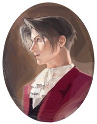 Rule 34 | 1boy, ace attorney, ascot, black vest, border, brown background, closed mouth, commentary, curtained hair, formal, grey eyes, guzaeolos, highres, jacket, looking to the side, male focus, miles edgeworth, purple jacket, shirt, short hair, solo, suit, upper body, vest, white ascot, white border, white shirt