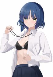 Rule 34 | 1girl, absurdres, black bra, blue hair, blue skirt, bocchi the rock!, bra, breasts, cleavage, closed mouth, collarbone, collared shirt, commentary request, commission, dressing, green eyes, hair ornament, hair over eyes, hairclip, highres, long sleeves, looking at viewer, makise (mix020511), medium hair, mole, mole under eye, navel, open clothes, open shirt, pixiv commission, pleated skirt, shirt, simple background, skirt, small breasts, solo, stomach, underwear, upper body, white background, white shirt, yamada ryo