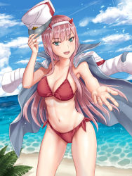 Rule 34 | 10s, 1girl, beach, bikini, blue sky, breasts, cleavage, cloud, coat, collarbone, darling in the franxx, day, hairband, hat, hat tip, highres, holding, holding clothes, holding hat, horizon, horns, jacket, jacket on shoulders, large breasts, long hair, looking at viewer, mimatsuki (user vrmu4552), navel, ocean, outstretched arm, pink hair, red bikini, shiny skin, sky, solo, standing, swimsuit, unworn hat, unworn headwear, white coat, white hairband, zero two (darling in the franxx)
