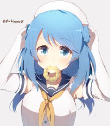 Rule 34 | 10s, 1girl, blush, breasts, double bun, doughnut, elbow gloves, food, french cruller, gloves, hair bun, harusawa, hat, kantai collection, long hair, looking at viewer, mouth hold, school uniform, serafuku, simple background, smile, solo, twitter username, upper body, urakaze (kancolle), white gloves, white hat