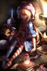 Rule 34 | 1girl, american flag dress, american flag legwear, arrow (projectile), blonde hair, book, book stack, candle, candy, clownpiece, doll, fairy wings, food, full body, glass jar, hat, hecatia lapislazuli, highres, jack-o&#039;-lantern, jester cap, lantern, letter, long hair, mail, messy, messy room, pantyhose, pumpkin, purple hat, red eyes, sitting, skull, solo, spring (object), star (symbol), touhou, very long hair, wings, yilocity