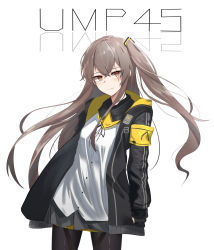 Rule 34 | 1girl, armband, arms at sides, bad id, bad pixiv id, black gloves, black jacket, black pantyhose, black ribbon, black skirt, brown eyes, character name, closed mouth, commentary, cowboy shot, double vertical stripe, girls&#039; frontline, gloves, grey hair, highres, jacket, kuki panda (wkdwnsgk13), legs apart, long hair, long sleeves, looking at viewer, miniskirt, neck ribbon, one side up, open clothes, open jacket, pantyhose, partially fingerless gloves, ribbon, scar, scar across eye, scar on face, shirt, simple background, skirt, sleeves past wrists, smile, solo, ump45 (girls&#039; frontline), very long hair, white background, white shirt