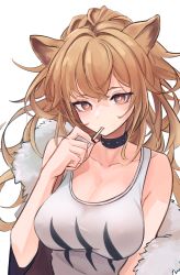 Rule 34 | 1girl, animal ears, arknights, bare shoulders, blush, breasts, brown eyes, brown hair, candy, cleavage, collar, collarbone, eating, food, fur trim, highres, large breasts, lion ears, lollipop, long hair, long sleeves, looking at viewer, off shoulder, ponytail, shino duka, shirt, siege (arknights), simple background, solo, tank top, upper body, white background, white shirt