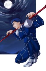 Rule 34 | 1boy, abs, armor, beads, blue bodysuit, blue hair, bodysuit, cu chulainn (fate), cu chulainn (fate/stay night), earrings, fate/stay night, fate (series), gae bolg (fate), grin, hair beads, hair ornament, highres, jewelry, kneeling, long hair, looking at viewer, male focus, moon, muscular, muscular male, night, night sky, on one knee, pauldrons, ponytail, red eyes, shoulder armor, skin tight, sky, smile, solo, spiked hair, terra ekm