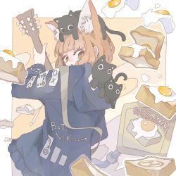Rule 34 | 1girl, animal ears, black cat, borrowed character, brown eyes, brown hair, cat, cat ears, egg (food), egg toast girl (haru57928031), floating, food, fried egg, fried egg on toast, from behind, guitar, holding, holding instrument, hood, hood down, instrument, long sleeves, looking at viewer, looking back, original, outline, short hair, solo, thumpthum, toast, upper body, white outline