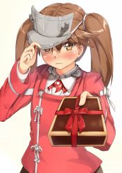 Rule 34 | 10s, 1girl, adjusting clothes, adjusting headwear, blush, box, brown eyes, brown hair, frown, gift, gift box, gradient background, hat, hat over one eye, highres, incoming gift, japanese clothes, kantai collection, kariginu, magatama, ryouya, ryuujou (kancolle), solo, twintails, upper body, visor cap