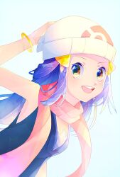 Rule 34 | 1girl, :d, arm up, beanie, black shirt, bracelet, commentary request, creatures (company), dawn (pokemon), game freak, hair ornament, hairclip, happy, hat, highres, jewelry, long hair, nintendo, open mouth, pink scarf, pokemon, pokemon dppt, scarf, shirt, sidelocks, sleeveless, sleeveless shirt, smile, solo, teeth, tongue, upper body, upper teeth only, wafu pkmn, white background, white hat