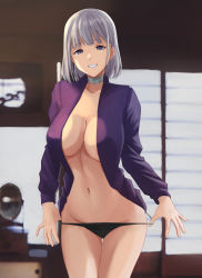 Rule 34 | 1girl, bandaged neck, bandages, black panties, blouse, collared shirt, cowboy shot, cyka, girls&#039; frontline, highres, indoors, long sleeves, looking at viewer, navel, open clothes, open shirt, panties, panty pull, purple eyes, purple shirt, rpk-16 (girls&#039; frontline), rpk-16 (renate) (girls&#039; frontline), shirt, short hair, smile, solo, standing, underwear, undressing