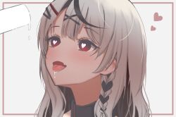 Rule 34 | black choker, black hair, border, braid, center-flap bangs, choker, close-up, commentary request, double-parted bangs, drooling, fang, food, grey hair, hair ornament, hairclip, heart, heart-shaped pupils, highres, hololive, ice cream, inset border, melting, multicolored hair, nyu-tan94, open mouth, outside border, popsicle, portrait, red border, red eyes, sakamata chloe, saliva, sexually suggestive, side braid, single braid, skin fang, solo, streaked hair, suggestive fluid, symbol-shaped pupils, tongue, tongue out, two-tone hair, virtual youtuber, x hair ornament