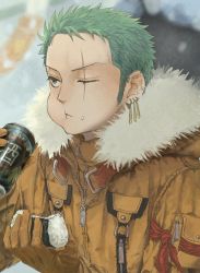 Rule 34 | 1boy, :t, alcohol, bad id, bad twitter id, can, earrings, food, fur trim, green hair, highres, holding, holding can, holding food, jacket, jewelry, male focus, one eye closed, one piece, onigiri, outdoors, roronoa zoro, scar, scar across eye, scar on face, snow, snowing, solo, urasanmyaku