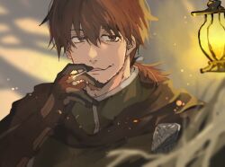 Rule 34 | 1boy, between fingers, black cape, blue ribbon, brown eyes, brown hair, cape, cigarette, embers, facial hair, fate/grand order, fate (series), gauntlets, goatee, hair between eyes, hair ribbon, hector (fate), highres, holding, holding cigarette, lantern, long hair, male focus, ponytail, ribbon, smoking, solo, tumikilondon5, upper body