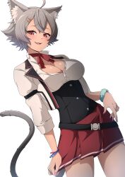 1girl absurdres ahoge animal_ears blue_scrunchie breasts cat_ears cat_girl cat_tail commentary_request cowboy_shot grey_hair hair_ornament hairclip highres large_breasts looking_at_viewer mushoku_tensei nishizuki_shino pink_nails ranoa_magic_academy_school_uniform red_eyes red_skirt rinia_dedoldia school_uniform scrunchie shirt short_hair simple_background skirt solo standing tail white_background white_shirt wrist_scrunchie