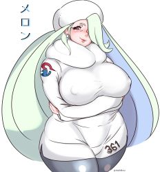 Rule 34 | 1girl, black pantyhose, blue eyes, blue hair, breasts, covered erect nipples, cowboy shot, creatures (company), crossed arms, curvy, earrings, game freak, green hair, hair over one eye, hat, highres, huge breasts, jewelry, large breasts, long hair, long sleeves, mature female, melony (pokemon), multicolored hair, nintendo, pantyhose, plump, pokemon, pokemon sm, shnibbles, shorts, simple background, solo, turtleneck, two-tone hair, white background, wide hips