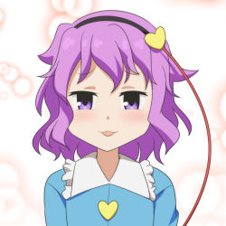 Rule 34 | 1girl, :d, blue shirt, cato (monocatienus), commentary, frilled shirt collar, frills, hairband, heart, komeiji satori, looking at viewer, medium hair, open mouth, portrait, purple eyes, purple hair, shirt, simple background, smile, solo, touhou, wavy hair