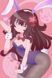 Rule 34 | 1girl, absurdres, alternate hairstyle, animal ears, blush, boo tao (genshin impact), bow, bowtie, breasts, brown hair, cleavage, detached sleeves, fake animal ears, fake tail, flower, flower-shaped pupils, genshin impact, ghost, grin, hair down, hair flower, hair ornament, hairband, heart, highres, hu tao (genshin impact), leotard, long hair, looking at viewer, nishitin, one eye closed, pantyhose, playboy bunny, plum blossoms, rabbit ears, rabbit tail, red eyes, small breasts, smile, solo, symbol-shaped pupils, tail, traditional bowtie, very long hair, wrist cuffs