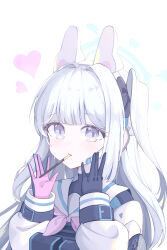 Rule 34 | absurdres, animal ears, blue archive, collared shirt, fake animal ears, food, food in mouth, gloves, halo, headphones, heart, highres, long hair, miyako (blue archive), pocky, purple eyes, rabbit ears, ribbon, sailor collar, shirt, simple background, sisong, snack, sweat, sweatdrop, tactical clothes, two-tone gloves, white background, white hair