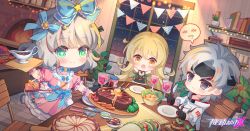 Rule 34 | 1boy, 2girls, blonde hair, blue bow, book, bow, bright pupils, brown eyes, cactus, chibi, cyrus (smc), dress, fireplace, food, frown, gravy boat, grey hair, heart, heart-shaped pupils, highres, holding, holding plate, long hair, mila (smc), multiple girls, official art, pink dress, plate, serena (smc), shelf, smile, speech bubble, star-shaped pupils, star (symbol), steak, super mecha champions, symbol-shaped pupils, table, white pupils