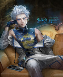 Rule 34 | 1boy, aged up, artist name, bare shoulders, bishounen, blue eyes, blue hair, blurry, blurry background, chinese clothes, chongyun (genshin impact), closed mouth, commentary, couch, english commentary, fingerless gloves, genshin impact, gloves, hand on own face, highres, light blue hair, long sleeves, looking at viewer, male focus, on couch, pillow, pppauldng, shirt, short hair, signature, tight clothes, tight shirt, toned, toned male
