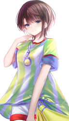Rule 34 | 1girl, blue eyes, breasts, brown hair, closed mouth, commentary request, hair between eyes, hand up, highres, hololive, looking at viewer, medium breasts, megaphone, natsuki (natukituki), oozora subaru, oozora subaru (1st costume), shirt, short hair, short shorts, short sleeves, shorts, simple background, smile, solo, stopwatch, striped clothes, striped shirt, vertical-striped clothes, vertical-striped shirt, virtual youtuber, watch, white background, white shorts