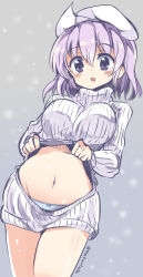 Rule 34 | 1girl, :o, alternate costume, bow, bow panties, breasts, clothes lift, hat, large breasts, letty whiterock, lifting own clothes, maturiuta sorato, navel, panties, purple eyes, purple hair, ribbed sweater, short hair, solo, stomach, sweater, sweater lift, touhou, turtleneck, underwear