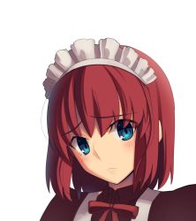 Rule 34 | 1girl, apron, blue eyes, blush, boa (brianoa), closed mouth, commentary, highres, hisui (tsukihime), looking at viewer, maid, maid headdress, neck ribbon, portrait, puffy sleeves, red hair, red ribbon, ribbon, sad, short hair, solo, transparent background, tsukihime, upper body, white apron, wing collar