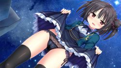 Rule 34 | 1girl, black eyes, black hair, black legwear, black panties, breasts, clothes lift, dress, dress lift, dutch angle, female focus, frilled panties, frills, game cg, hoshi koi star tinkle, korie riko, lifted by self, long sleeves, looking at viewer, night, open mouth, original, outdoors, panties, sky, small breasts, solo, star (symbol), underwear
