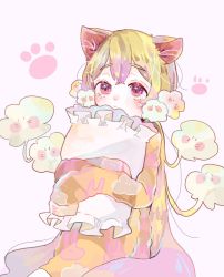 Rule 34 | 1girl, animal ears, blonde hair, blush, cat day, cat ears, copyright request, frilled pillow, frills, gradient hair, hanataro (sruvhqkehy1zied), highres, holding, holding pillow, long hair, long sleeves, multicolored hair, hugging object, pillow, pink eyes, purple background, purple hair, sleeves past wrists, solo, upper body, very long hair