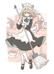 Rule 34 | 1girl, absurdres, animal ears, apron, aqua bow, aqua bowtie, black footwear, blonde hair, blue eyes, blush, bow, bowtie, broom, clothes lift, cup, east sha2, fake animal ears, floating hair, highres, holding, holding broom, indoors, long sleeves, maid, maid apron, maid headdress, mary janes, original, pantyhose, plant, potted plant, shoes, skirt, skirt lift, solo, teacup, white pantyhose, wind, wind lift