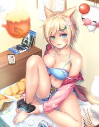 Rule 34 | 10s, 1girl, animal ears, bad id, bad pixiv id, barefoot, blonde hair, blue eyes, bomb (final fantasy), candy, cat ears, chips (food), controller, facial mark, fang, feet, final fantasy, final fantasy xiv, food, game controller, gamepad, green eyes, hair ornament, hairclip, heterochromia, highres, lollipop, looking at viewer, miqo&#039;te, moogle, navel, open mouth, shiny skin, short shorts, shorts, sitting, solo, tiphereth, toes, warrior of light (ff14)