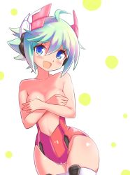 Rule 34 | 1girl, ahoge, azure striker gunvolt, blue eyes, blue hair, blush, breasts, cleavage, collarbone, cougar (cougar1404), covering privates, covering breasts, headgear, leotard, looking at viewer, medium breasts, open mouth, polka dot, polka dot background, red leotard, roro (gunvolt), short hair, simple background, smile, solo, standing, thighhighs, topless, white background, white thighhighs, wide hips