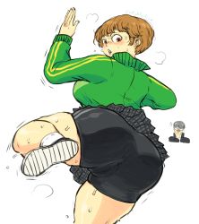 Rule 34 | 1boy, 1girl, anus, ass, blush, brown eyes, cleft of venus, curvy, highres, hip focus, huge ass, legs, looking back, miniskirt, narukami yuu, notsafeforfruit, open mouth, persona, persona 4, satonaka chie, short hair, skirt, tagme, thick thighs, thighs, wide hips