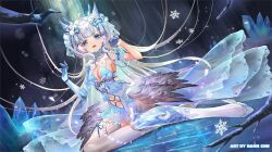Rule 34 | 1girl, artist name, breasts, feathers, hair ornament, hair ribbon, hanh chu, heterochromia, highres, ice, indie virtual youtuber, long hair, looking at viewer, medium breasts, mikazuki silvi, navel, open mouth, owl ears, owl girl, ribbon, sitting, skirt, snowflakes, solo, virtual youtuber, white hair