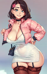 Rule 34 | 1girl, bag, black choker, black thighhighs, breasts, brown hair, choker, collarbone, commentary, cowboy shot, cropped jacket, curvy, dress, ear piercing, english commentary, flower, garter straps, grin, hair flower, hair ornament, hand on own hip, handbag, jacket, jacket tug, large breasts, looking at viewer, making-of available, medium hair, mixed-language commentary, nikichen, original, piercing, pink jacket, skindentation, smile, teeth, thick thighs, thighhighs, thighs, white dress