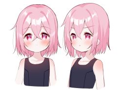Rule 34 | 1girl, :o, bare shoulders, blush, closed mouth, collarbone, cropped torso, hair between eyes, looking at viewer, looking away, meito (maze), multiple views, original, parted lips, pink hair, red eyes, short hair, simple background, smile, upper body, v-shaped eyebrows, white background