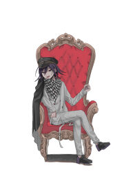 Rule 34 | 1boy, :d, black cape, black footwear, black hat, buttons, cape, checkered clothes, checkered scarf, crossed legs, danganronpa (series), danganronpa v3: killing harmony, double-breasted, grey jacket, grey pants, hair between eyes, hat, highres, jacket, kasou (roomno404 ), long sleeves, looking at viewer, oma kokichi, open mouth, pants, peaked cap, purple eyes, purple hair, scarf, shoes, simple background, smile, solo, white background