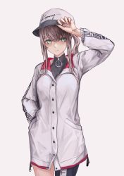 Rule 34 | 1girl, absurdres, aqua eyes, ar-57 (girls&#039; frontline), blonde hair, blush, breasts, closed mouth, earrings, eye piercing, feet out of frame, girls&#039; frontline, hand in pocket, hand on headwear, highres, jacket, jewelry, lithographica, long hair, looking at viewer, single thighhigh, solo, standing, thighhighs, white background, white headwear, white jacket