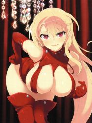 Rule 34 | 10s, 1girl, absurdres, bare shoulders, blonde hair, breasts, chandelier, cleavage, elbow gloves, gloves, hand on own hip, highres, indoors, large breasts, leaning forward, leotard, long hair, looking at viewer, official art, open mouth, red eyes, red gloves, red leotard, scan, senran kagura, sleeveless, smile, solo, souji (senran kagura), thighhighs, yaegashi nan