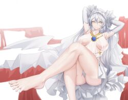 Rule 34 | 1girl, arms behind back, barefoot, breasts, bridal veil, dress, elbow gloves, eos (neural cloud), feet, foot focus, girls&#039; frontline, girls&#039; frontline neural cloud, gloves, highres, hole in chest, hole on body, looking at viewer, official alternate costume, sitting, solo, thatob, veil, white dress, white gloves, white hair, yellow eyes