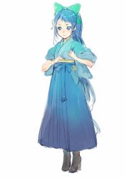 Rule 34 | 10s, 1girl, blue eyes, blue hair, blue hakama, boots, bow, branch (blackrabbits), cosplay, hair bow, hakama, hakama skirt, high heel boots, high heels, japanese clothes, kamikaze (kancolle), kamikaze (kancolle) (cosplay), kantai collection, kimono, long hair, matching hair/eyes, meiji schoolgirl uniform, samidare (kancolle), simple background, sketch, skirt, solo, swept bangs, very long hair, white background