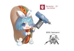 Rule 34 | 1boy, 1girl, arona (blue archive), bald, blue archive, blue eyes, blue hair, blue shirt, blush stickers, character request, check character, chibi, closed eyes, commentary request, dokomon, doodle inset, dual wielding, gun, hair over one eye, hair ribbon, hairband, hammer, highres, holding, holding gun, holding hammer, holding weapon, hot dog costume, korean commentary, long sleeves, multicolored hair, open mouth, parody request, pink hair, puffy long sleeves, puffy sleeves, ribbon, sensei (blue archive), shirt, shoes, simple background, thick eyebrows, two-tone hair, v-shaped eyebrows, weapon, white background, white footwear, white hairband, white ribbon