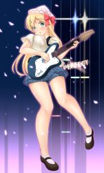 Rule 34 | 1girl, :o, alternate costume, bare legs, blonde hair, blush, bobby socks, bouncing breasts, breasts, cleavage, full body, gradient background, green eyes, guitar hero, guitarfreaks, hair ribbon, hat, highres, large breasts, lily white, long hair, looking at viewer, mary janes, no wings, petals, ribbon, shoes, shorts, socks, solo, standing, standing on one leg, touhou, utahane