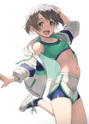 Rule 34 | 1girl, commentary request, grey eyes, grey hair, idolmaster, idolmaster cinderella girls, jacket, kawaty, long sleeves, looking at viewer, midriff, navel, open clothes, open jacket, open mouth, otokura yuuki, shoes, short hair, shorts, sneakers, solo, sweat, thighs, track uniform, white background
