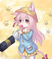 Rule 34 | 1girl, animal ears, azur lane, bell, blue shirt, blush, bow, buttons, candy, cat ears, cat girl, cat tail, covered mouth, cowboy shot, ears through headwear, food, gloves, hair between eyes, hair ribbon, handi, holding, holding candy, holding food, holding lollipop, jingle bell, kindergarten uniform, kisaragi (azur lane), lifebuoy, lollipop, long hair, long sleeves, looking away, one side up, paw print, paw print background, pink hair, pleated skirt, purple eyes, red bow, red ribbon, ribbon, shirt, skirt, solo focus, star (symbol), swim ring, tail, tail bell, tail bow, tail ornament, thighhighs, very long hair, white gloves, white thighhighs, yellow skirt