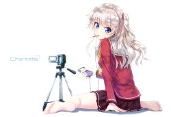 Rule 34 | 1girl, barefoot, blue eyes, camcorder, camera, charlotte (anime), dappled sunlight, digital media player, earbuds, earphones, feet, food, full body, highres, jacket, long hair, looking back, mouth hold, pink hair, pleated skirt, pocky, sailor collar, school uniform, shadow, short twintails, simple background, sitting, skirt, soles, solo, sora from france, sunlight, toes, tomori nao, tripod, twintails, two side up, video camera, wariza, white background
