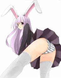 Rule 34 | 1girl, animal ears, ass, blazer, blush, female focus, from behind, from below, jacket, legs, light purple hair, long hair, looking at viewer, looking back, looking down, miniskirt, open mouth, panties, pantyshot, pleated skirt, purple eyes, rabbit ears, reisen udongein inaba, seo tatsuya, simple background, skirt, solo, straight hair, striped clothes, striped panties, sweatdrop, thighhighs, touhou, trefoil, underwear, upskirt, very long hair, white background, white thighhighs