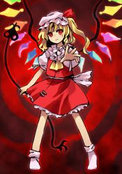 Rule 34 | 1girl, ascot, blonde hair, closed mouth, collared shirt, commentary request, embodiment of scarlet devil, flandre scarlet, frilled shirt collar, frilled sleeves, frills, full body, hat, hat ribbon, highres, kaigen 1025, laevatein (touhou), looking at viewer, medium hair, mob cap, no shoes, one side up, petticoat, puffy short sleeves, puffy sleeves, red background, red eyes, red ribbon, red vest, ribbon, shirt, short sleeves, smile, socks, solo, touhou, vest, white hat, white shirt, white socks, wings, yellow ascot