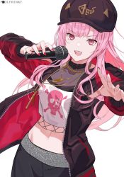 Rule 34 | 1girl, baseball cap, crop top, dolphenry, hat, holding, holding microphone, hololive, hololive english, jacket, jewelry, long hair, microphone, midriff, mori calliope, mori calliope (streetwear), nail polish, necklace, official alternate costume, pink eyes, pink hair, red nails, simple background, solo, virtual youtuber, white background