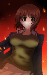 Rule 34 | 1girl, absurdres, aikir (jml5160), blue jacket, breasts, brown eyes, brown hair, closed mouth, commentary, cowboy shot, empty eyes, fire, fire, frown, girls und panzer, green shirt, hand on own hip, highres, jacket, large breasts, long sleeves, looking at viewer, military, military uniform, nishizumi miho, ooarai military uniform, pleated skirt, shirt, short hair, skirt, solo, standing, uniform, white skirt