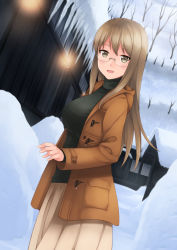 Rule 34 | 1girl, akemiho tabi nikki, bad id, bad pixiv id, black sweater, breasts, brown coat, brown eyes, brown hair, coat, commentary request, glasses, highres, icicle, kouno hikaru, large breasts, long hair, looking at viewer, open mouth, oribe shiori, outdoors, skirt, snow, solo, sweater